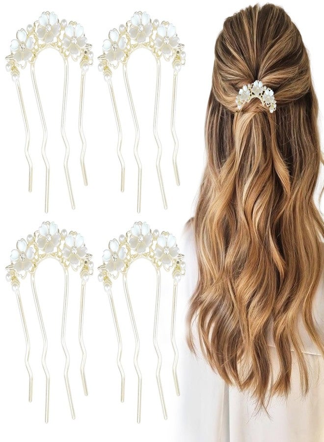 Capiant 4 PACK Flowers Twist Hair Pins, Vintage Hair Fork Clips, 4 Prong Flowers U Shaped Hair Side Combs, for Wedding Party Holiday Daily - Image 1